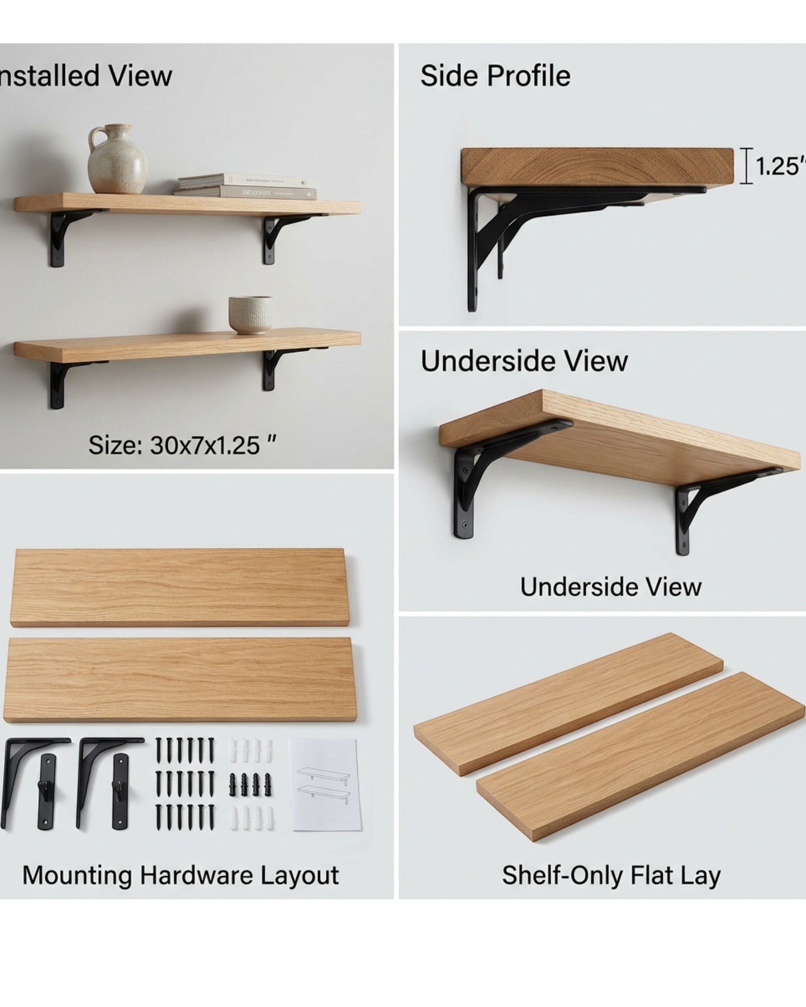 TIVD Wall Mounted Wood Shelf Oak 30 Inch Set of 2